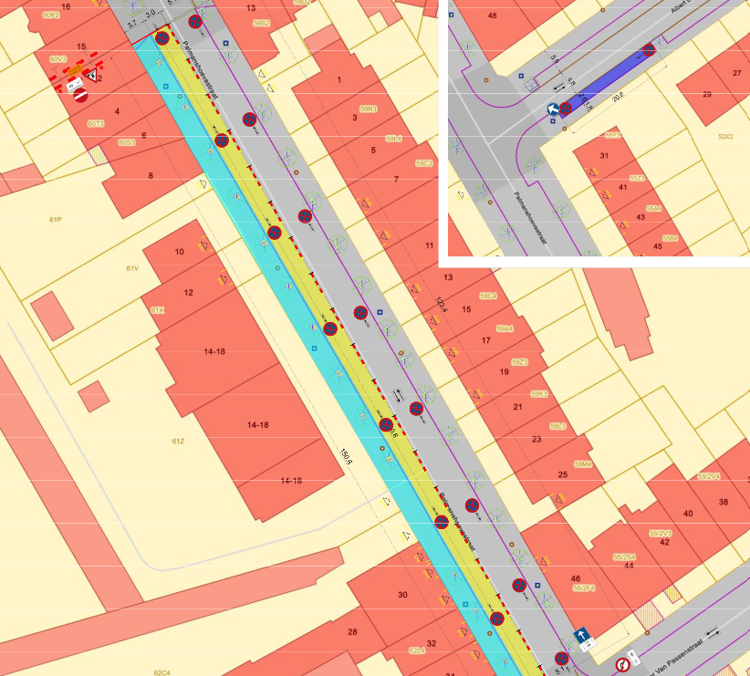 Signalisatieplan werken fase 1 - deel 1 (werfzone aangeduid in het blauw en geel)